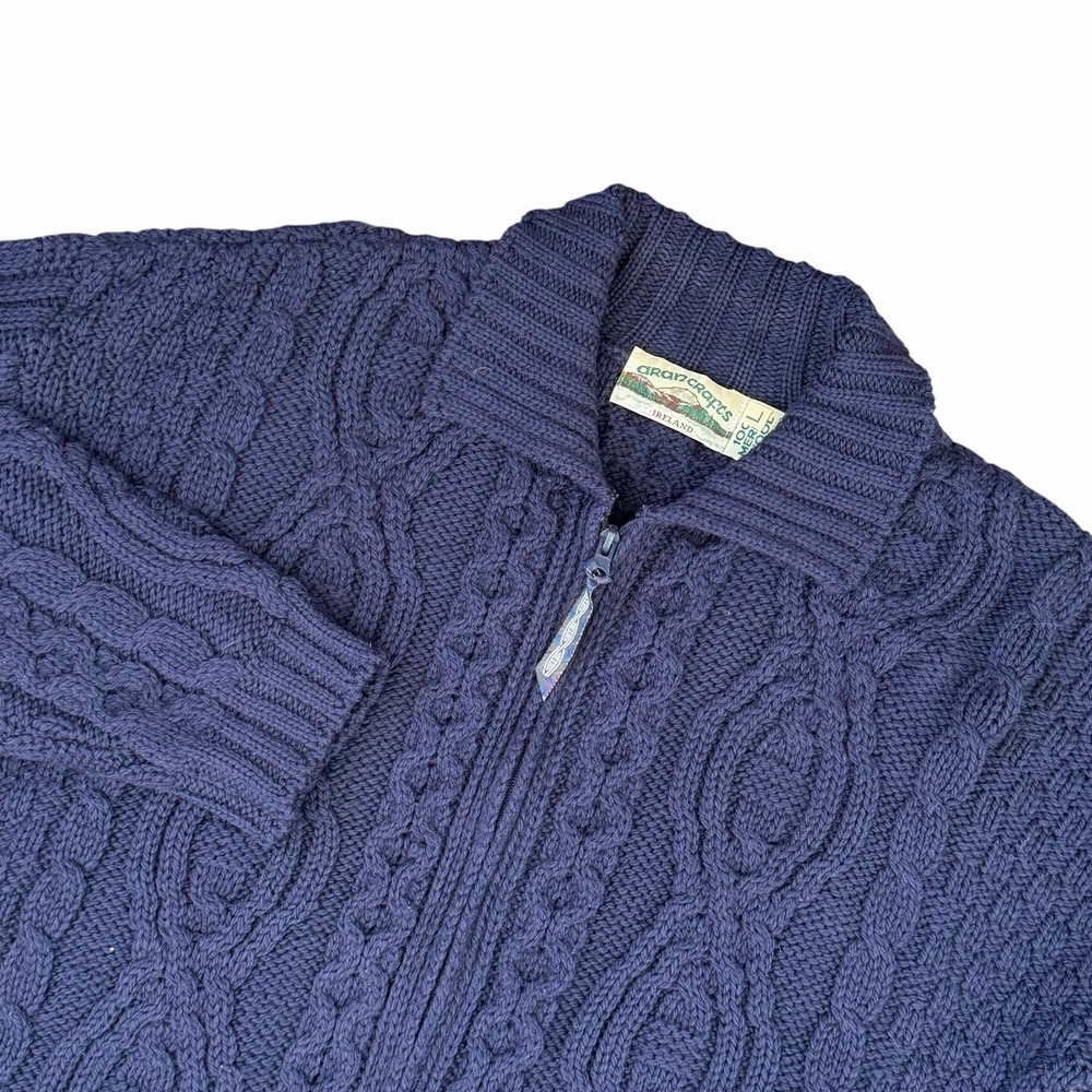 Aran Crafts Womens Zip Front Merino Wool Sweater L Navy Cable Knit Full Zip Coat
